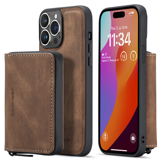 Magnetic Detachable Card Pouch iPhone 15 Pro Leather Cover RFID Zipper Stand