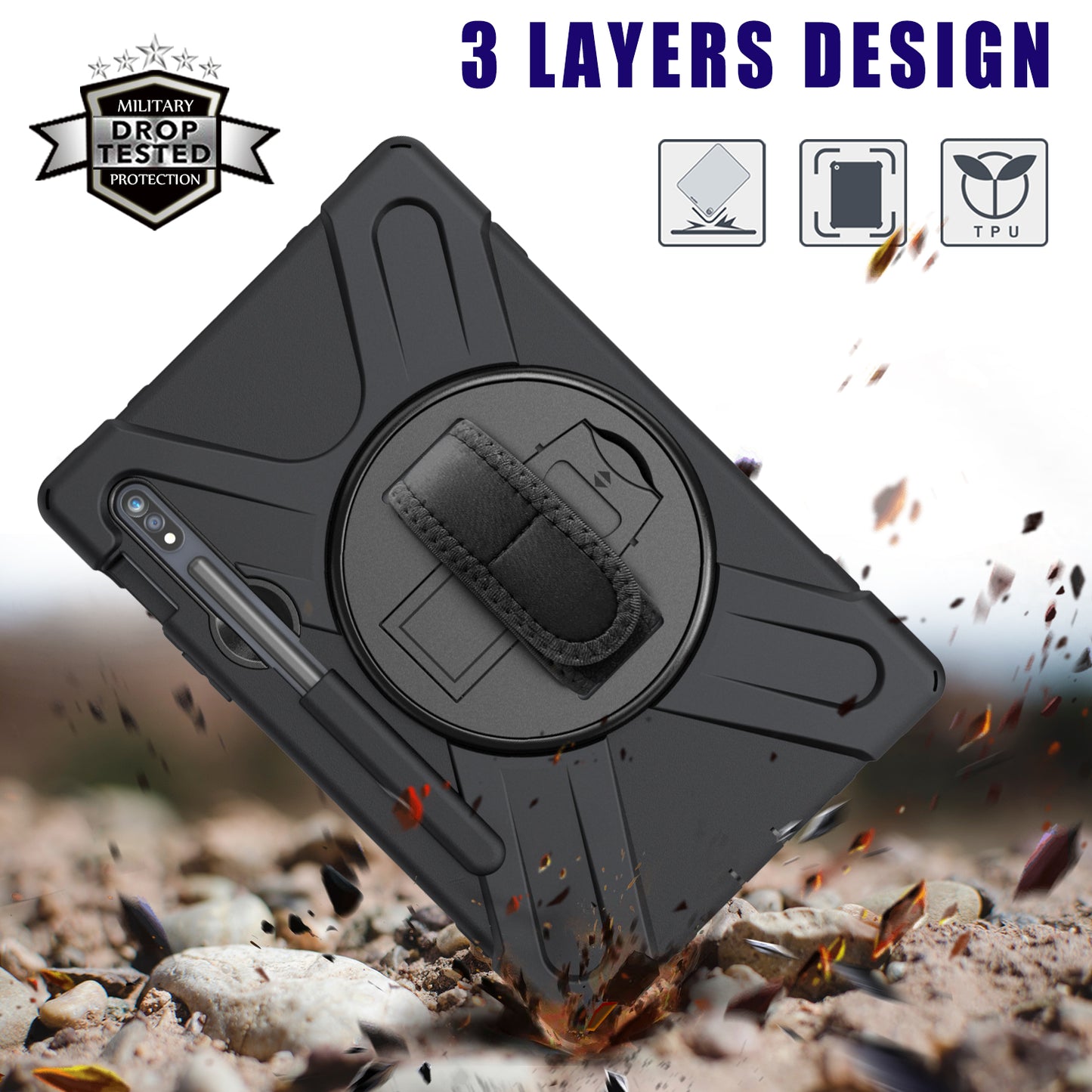 Pirate King Galaxy Tab S8 Case 360 Rotating Stand with Hand Holder Shoulder Strap