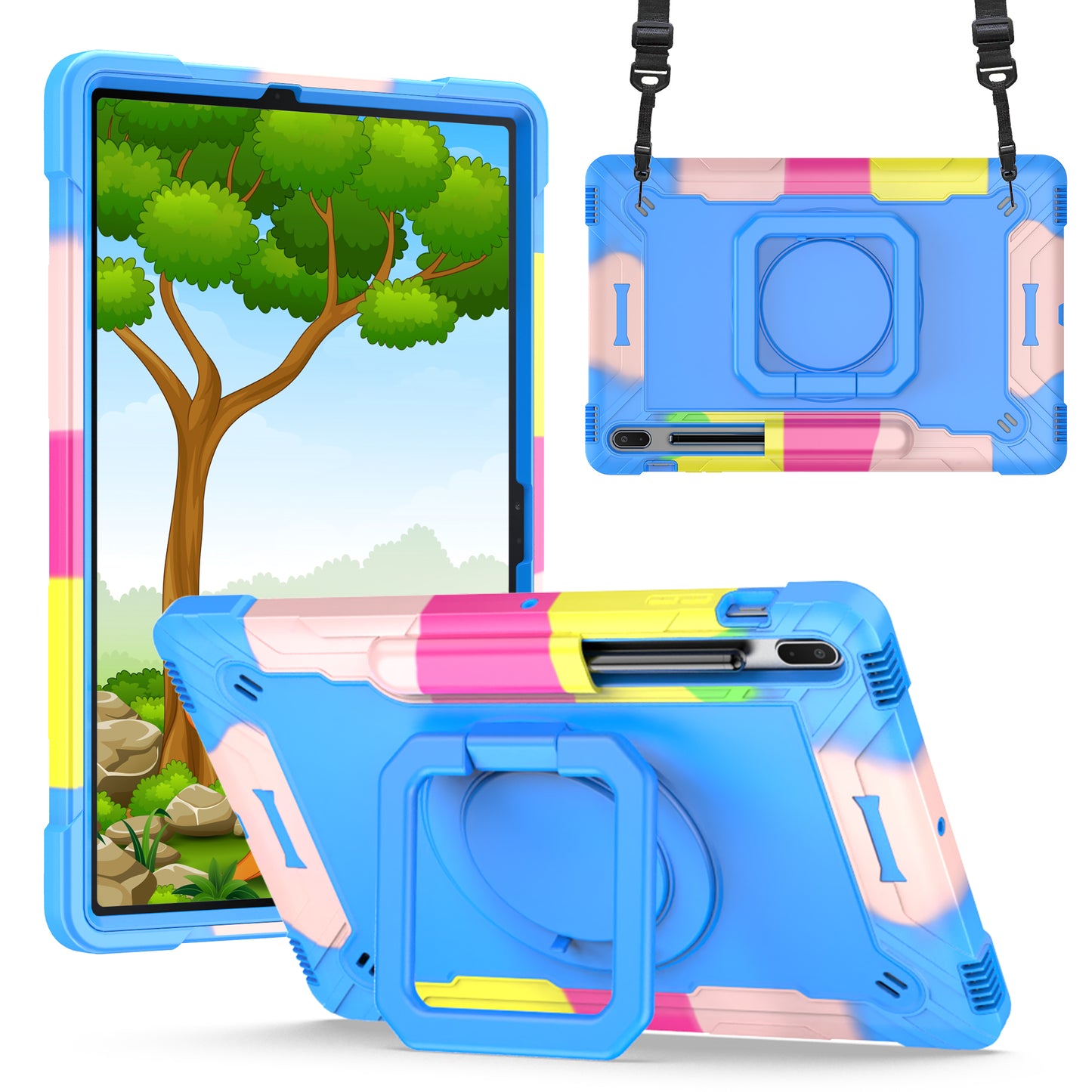 Hit-Color Hook Galaxy Tab S8+ Shockproof Case Rotating Stand Wristband Strap