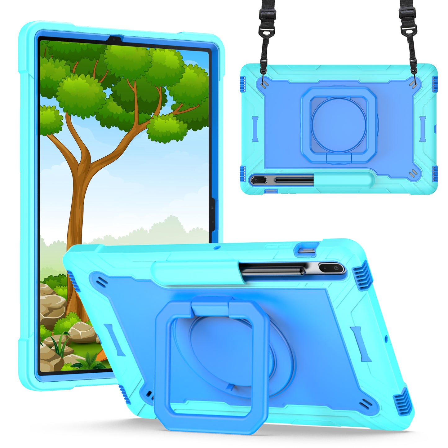 Hit-Color Hook Galaxy Tab S8+ Shockproof Case Rotating Stand Wristband Strap