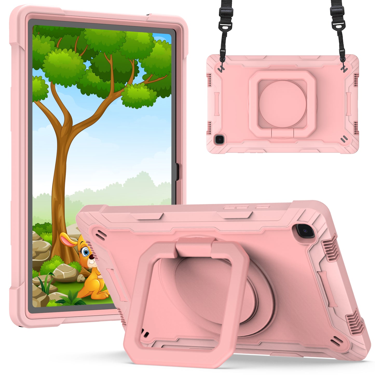 Hit-Color Hook Galaxy Tab A7 Shockproof Case Rotating Stand Wristband Strap