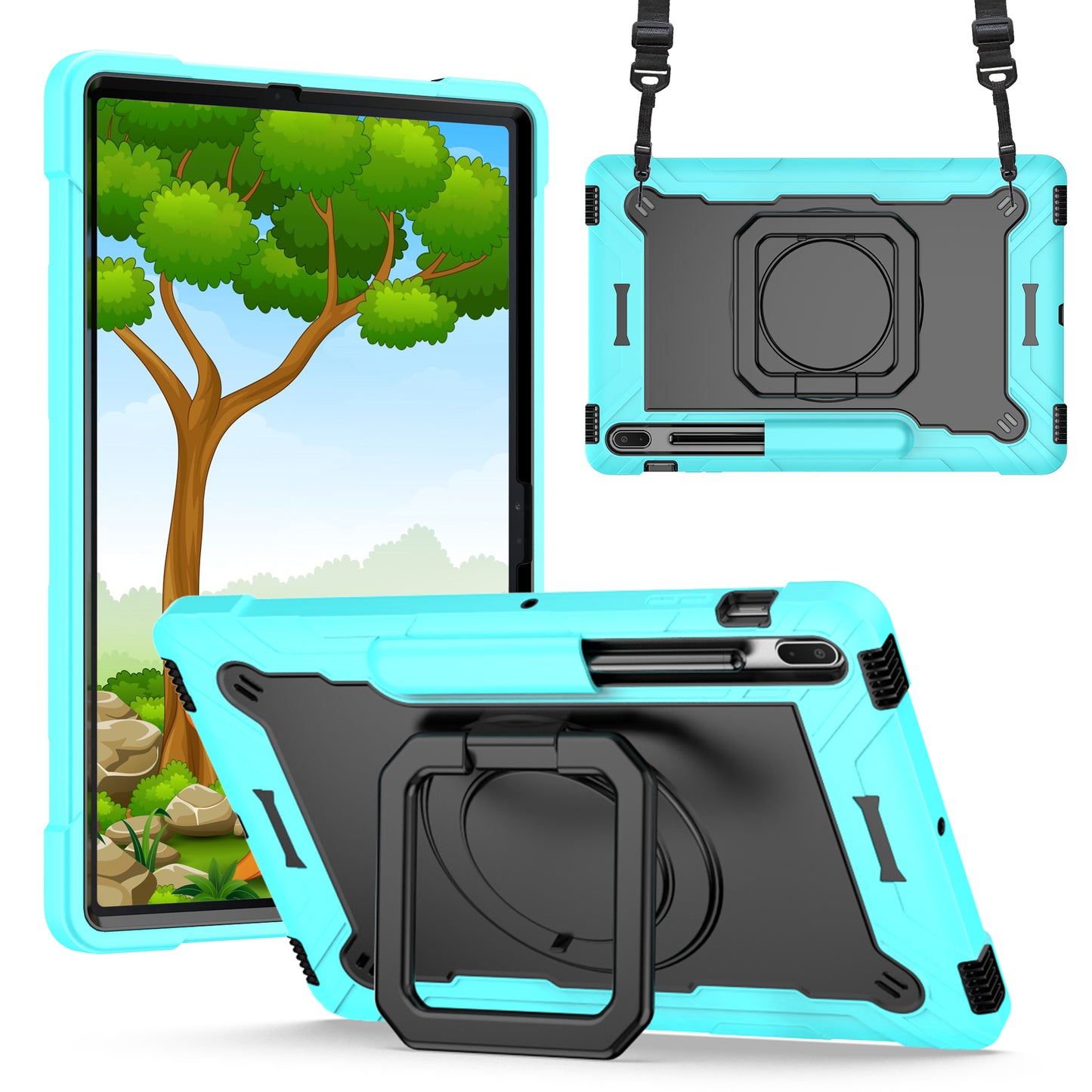 Hit-Color Hook Galaxy Tab S8+ Shockproof Case Rotating Stand Wristband Strap