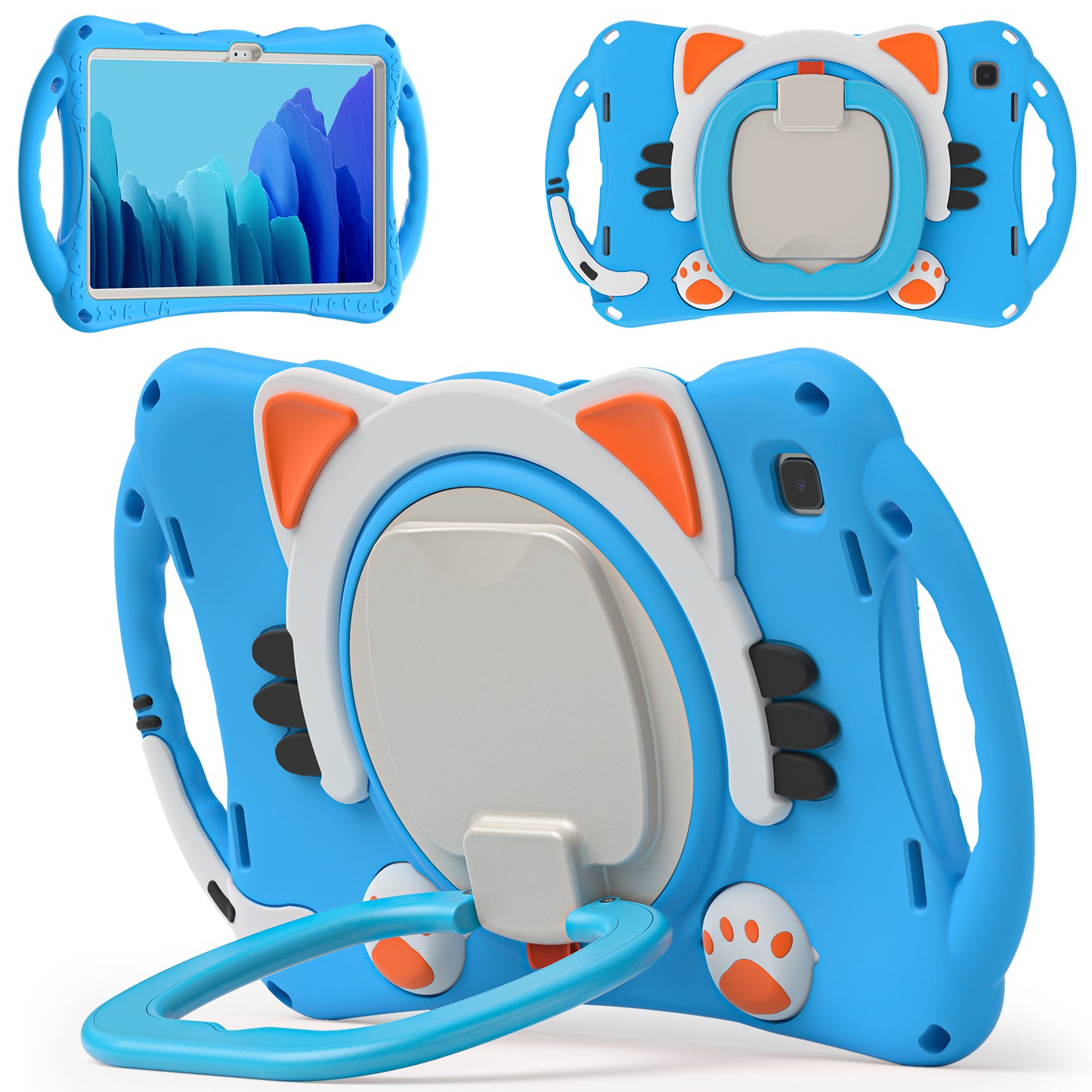 Stereoscopic Cat Galaxy Tab A7 Silicone Case Kids Safe Rotating Folding Handle Grip