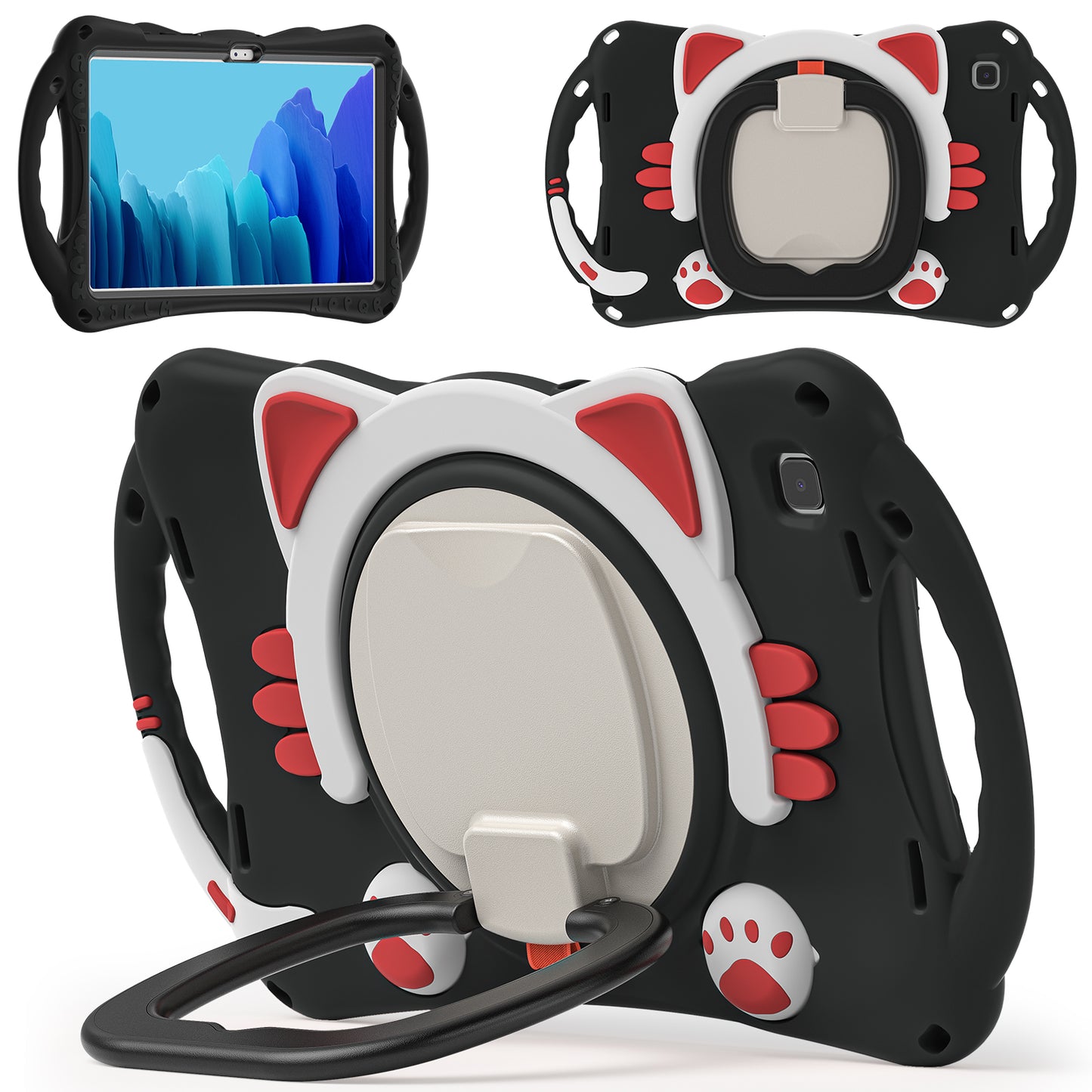 Stereoscopic Cat Galaxy Tab A7 Silicone Case Kids Safe Rotating Folding Handle Grip