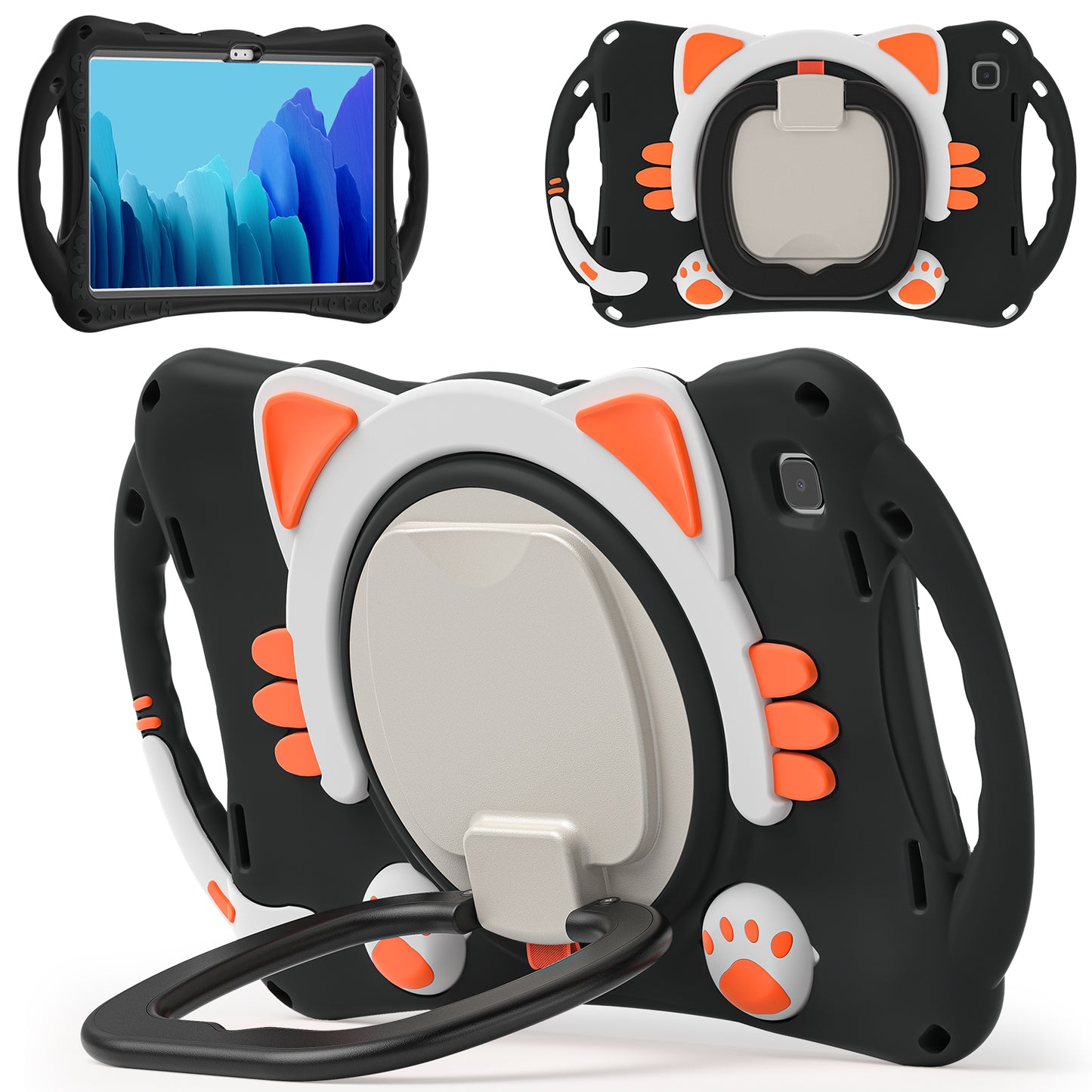 Stereoscopic Cat Galaxy Tab A7 Silicone Case Kids Safe Rotating Folding Handle Grip