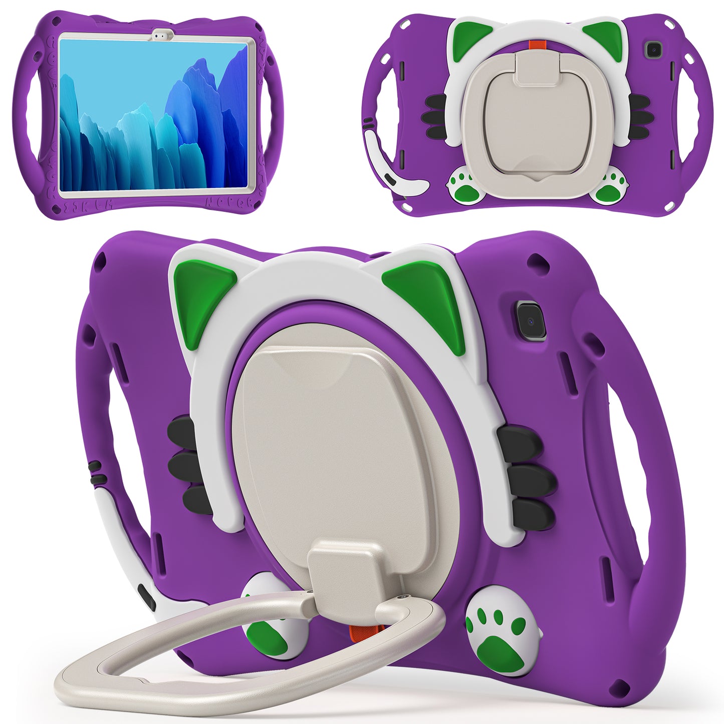 Stereoscopic Cat Galaxy Tab A7 Silicone Case Kids Safe Rotating Folding Handle Grip