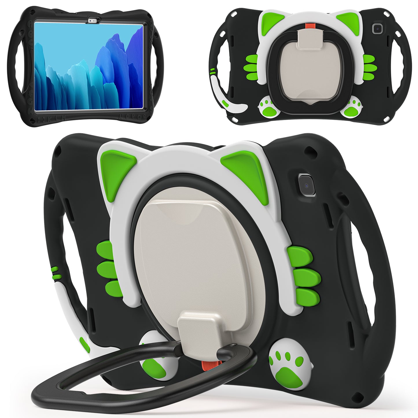 Stereoscopic Cat Galaxy Tab A7 Silicone Case Kids Safe Rotating Folding Handle Grip