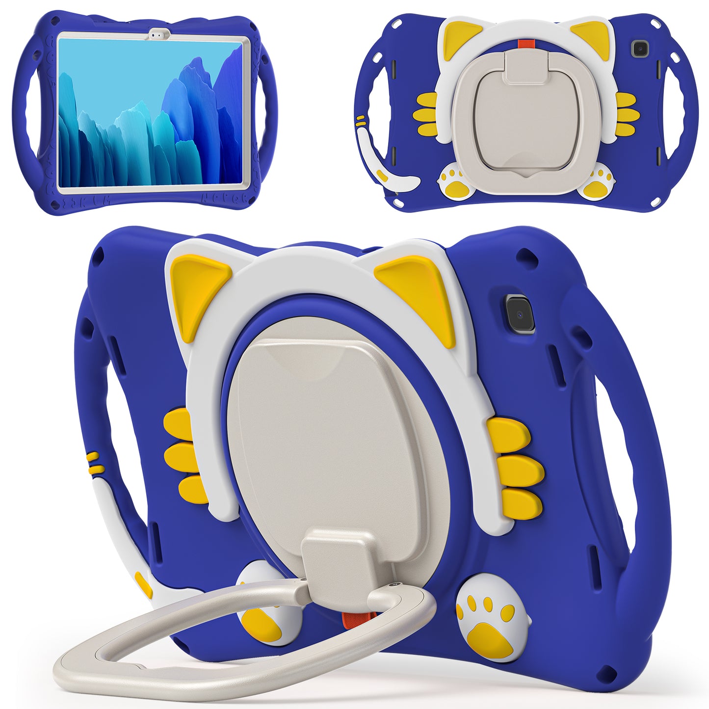 Stereoscopic Cat Galaxy Tab A7 Silicone Case Kids Safe Rotating Folding Handle Grip