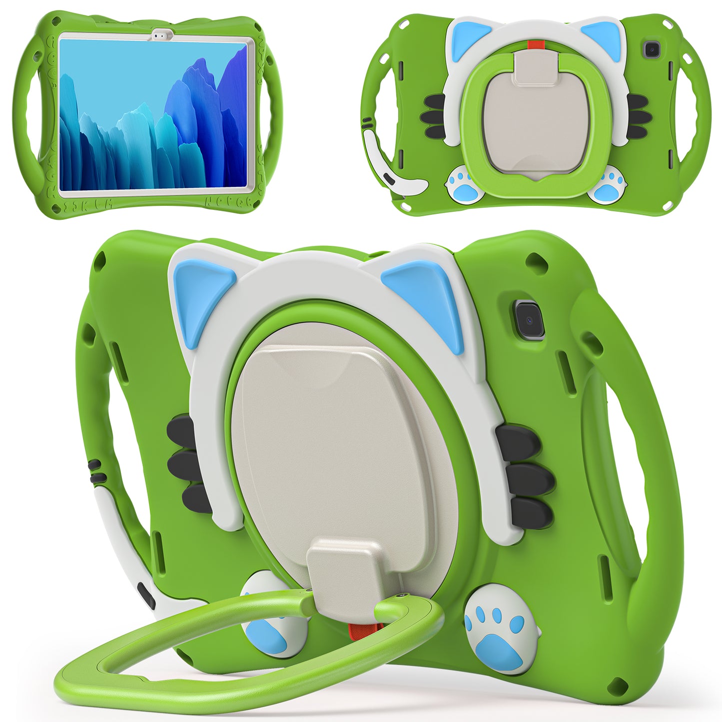 Stereoscopic Cat Galaxy Tab A7 Silicone Case Kids Safe Rotating Folding Handle Grip