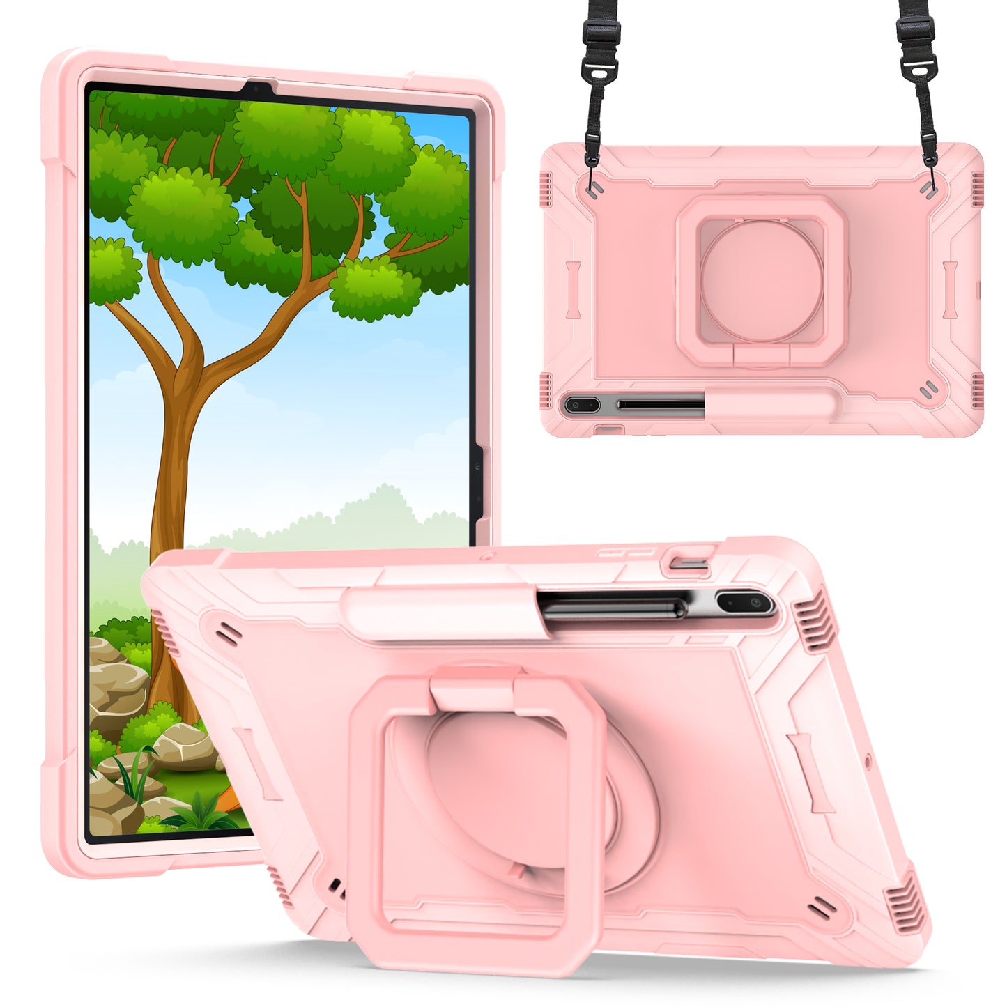 Hit-Color Hook Galaxy Tab S8+ Shockproof Case Rotating Stand Wristband Strap