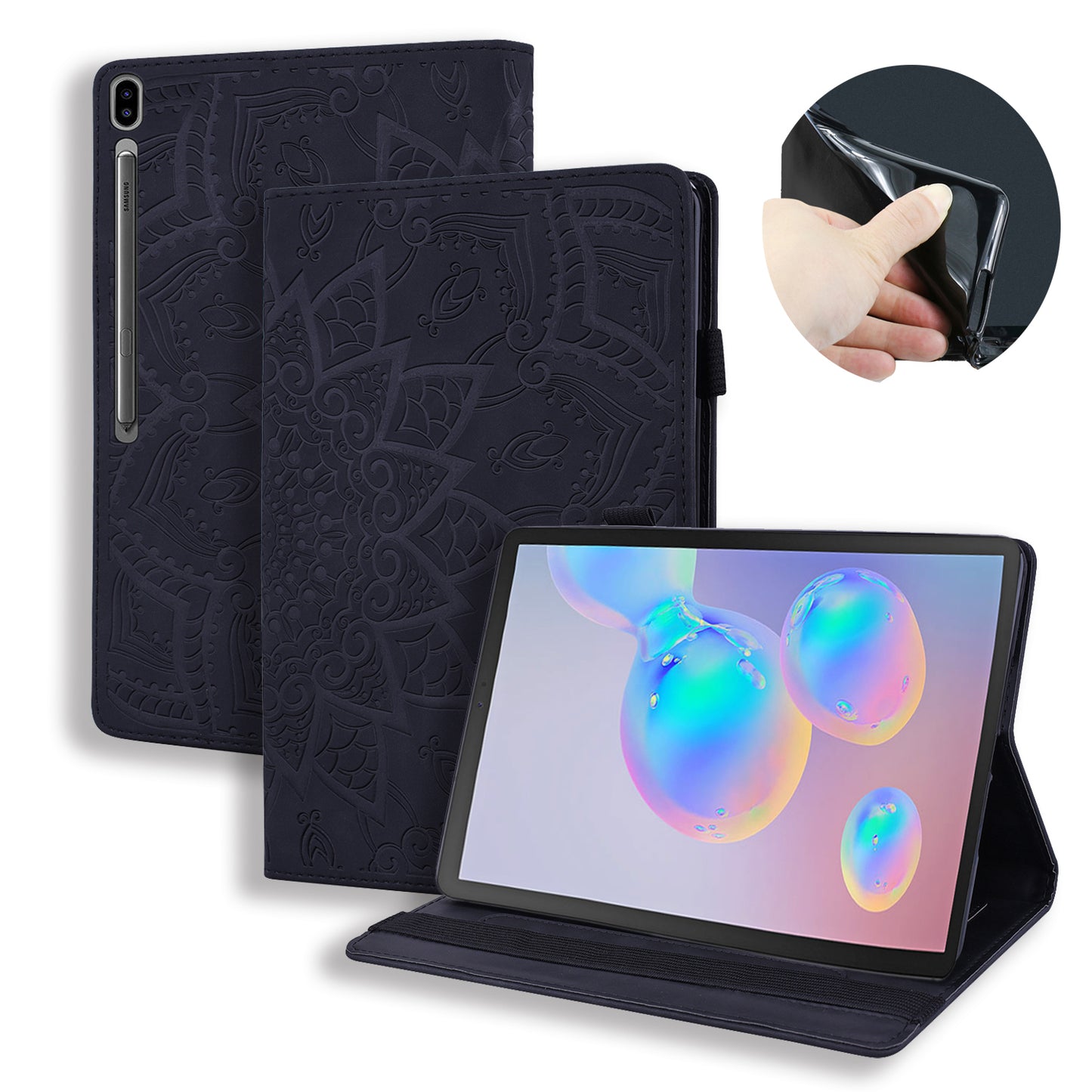 Double Hem Galaxy Tab S6 Leather Case Embossing Sunflower Wallet Foldable Stand