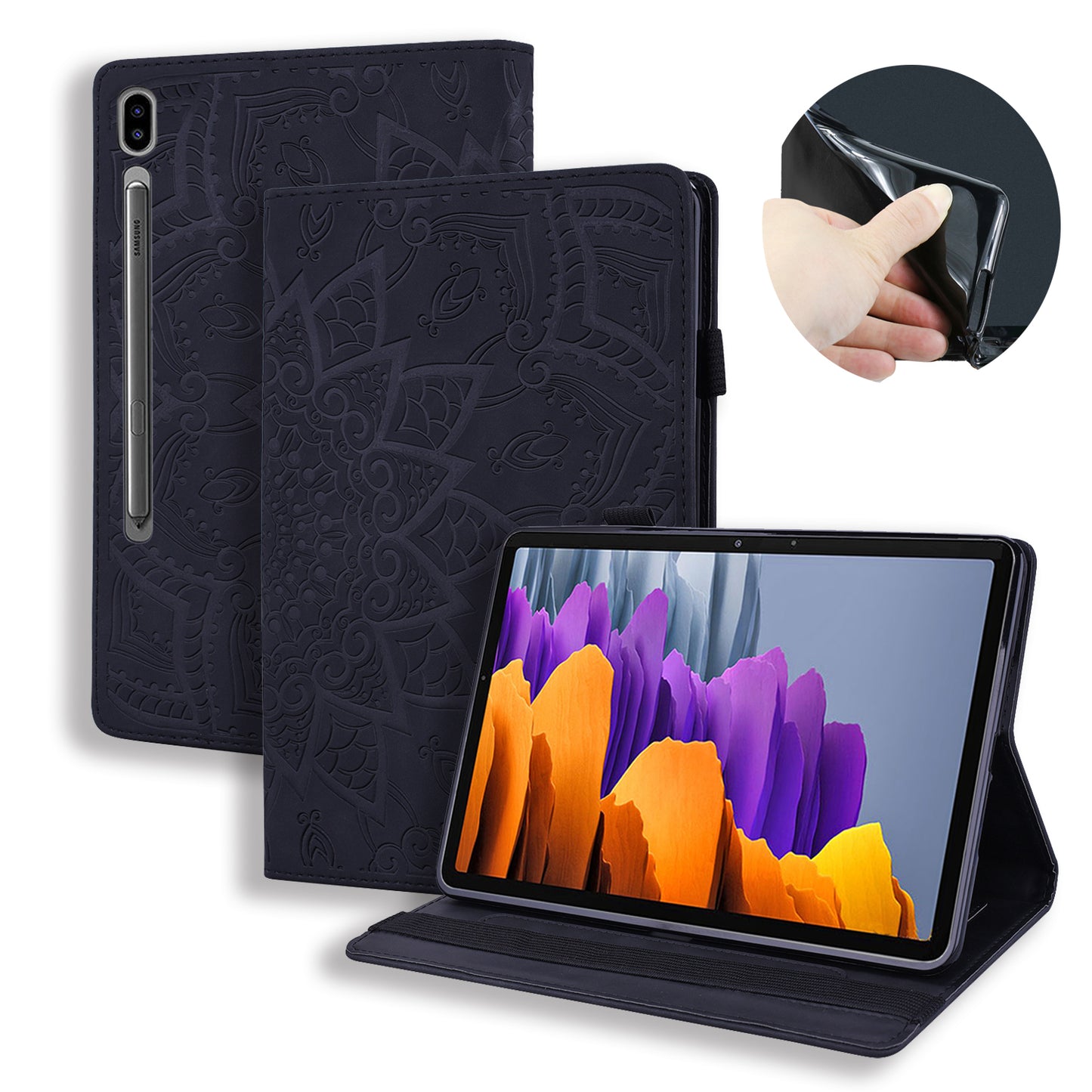 Double Hem Galaxy Tab S8 Ultra Leather Case Embossing Sunflower Wallet Foldable Stand