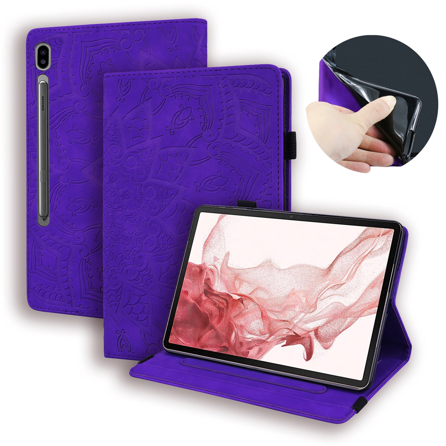 Double Hem Galaxy Tab S8+ Leather Case Embossing Sunflower Wallet Foldable Stand