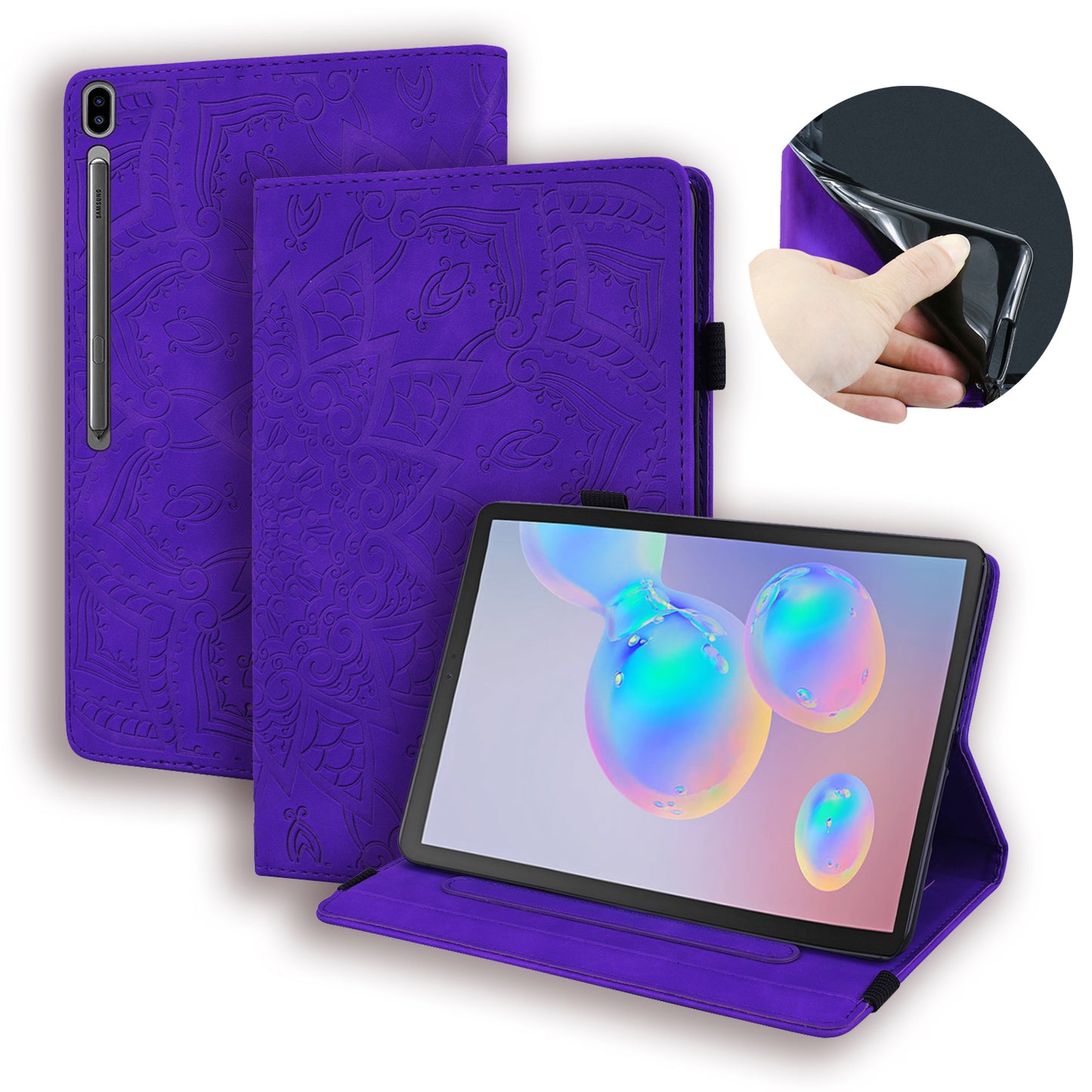 Double Hem Galaxy Tab S6 Leather Case Embossing Sunflower Wallet Foldable Stand