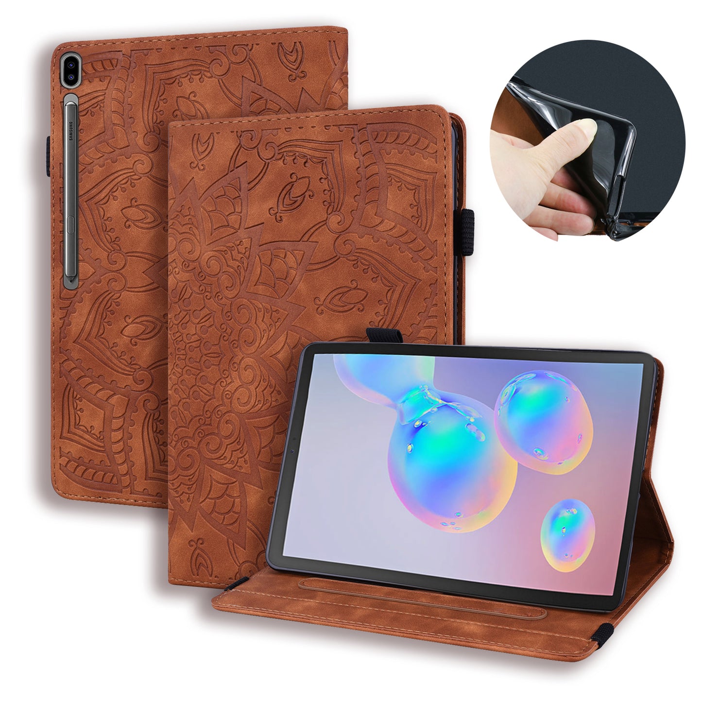 Double Hem Galaxy Tab S6 Leather Case Embossing Sunflower Wallet Foldable Stand