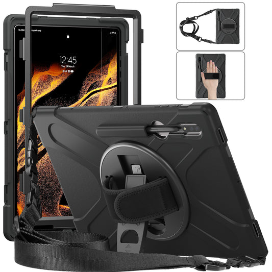 Pirate King Galaxy Tab S8 Ultra Case 360 Rotating Stand with Hand Holder Shoulder Strap