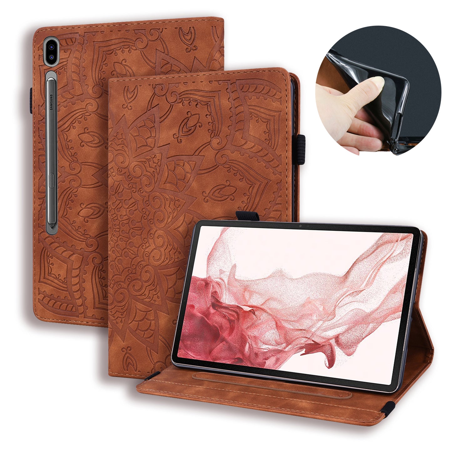 Double Hem Galaxy Tab S8 Leather Case Embossing Sunflower Wallet Foldable Stand