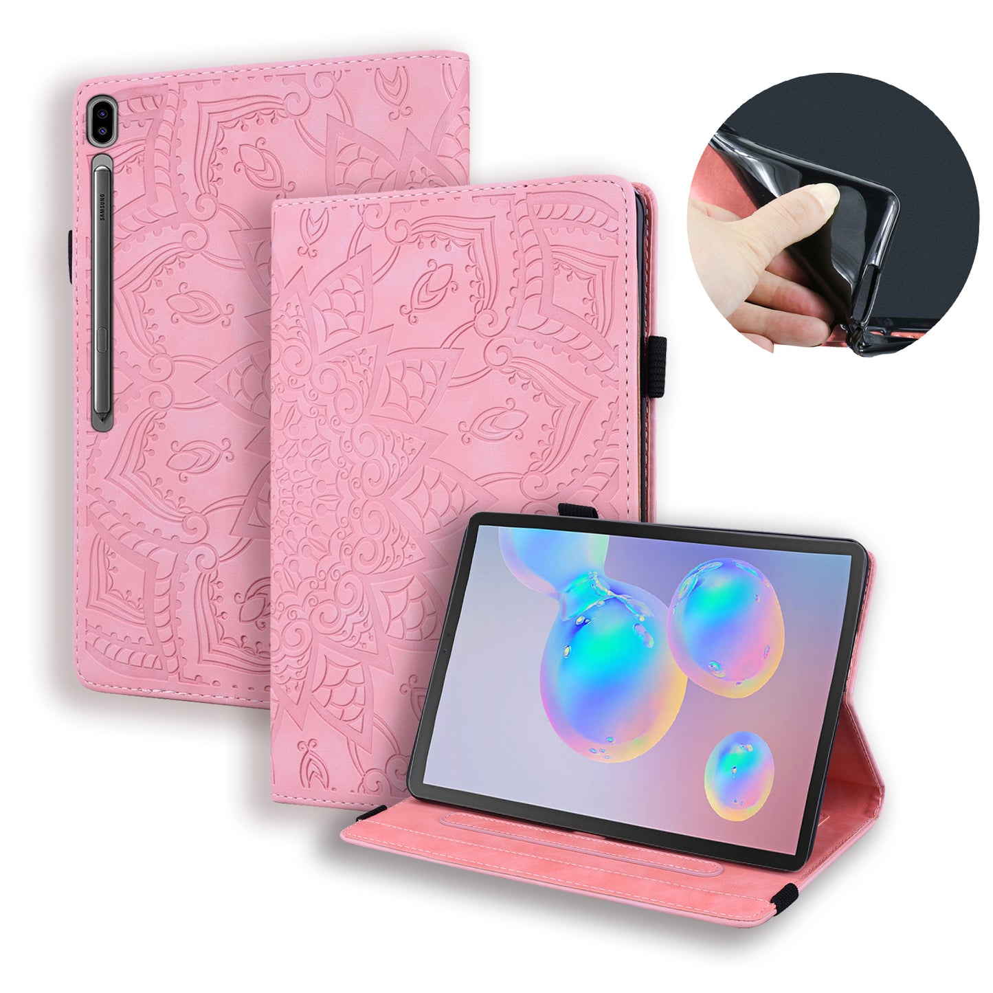 Double Hem Galaxy Tab S6 Leather Case Embossing Sunflower Wallet Foldable Stand