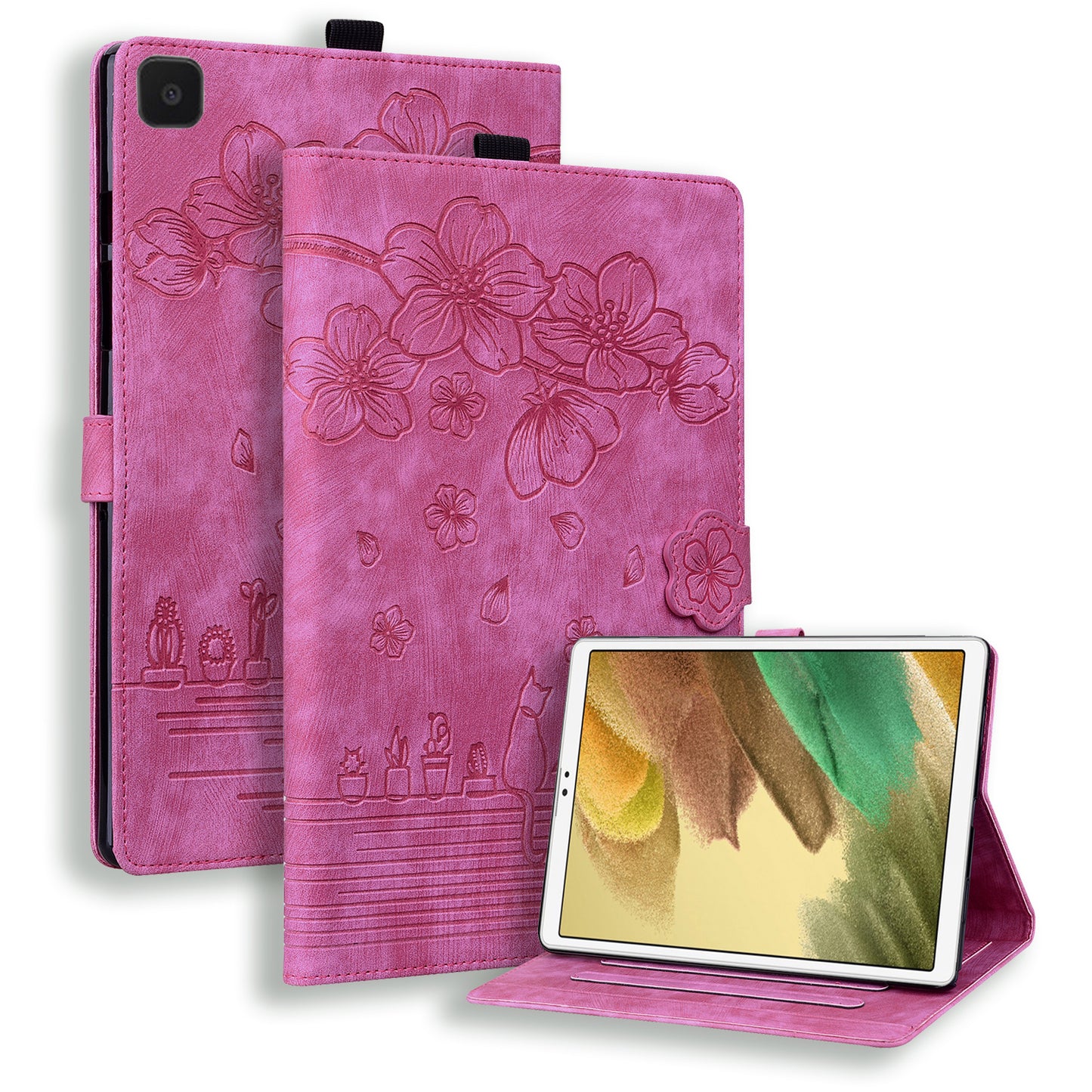 Cat Cherry Blossoms Galaxy Tab A7 Lite Grils Case Retro Leather Embossing Wallet Stand