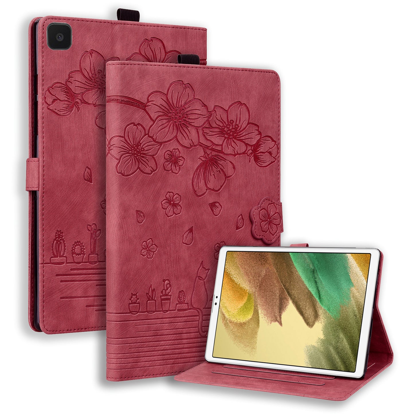 Cat Cherry Blossoms Galaxy Tab A7 Lite Grils Case Retro Leather Embossing Wallet Stand