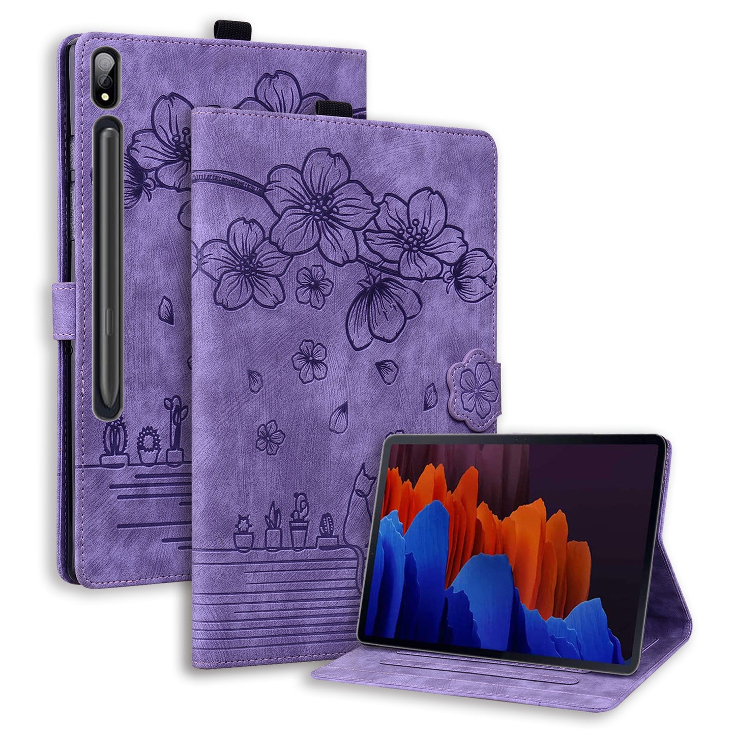 Cat Cherry Blossoms Galaxy Tab S8 Ultra Grils Case Retro Leather Embossing Wallet Stand