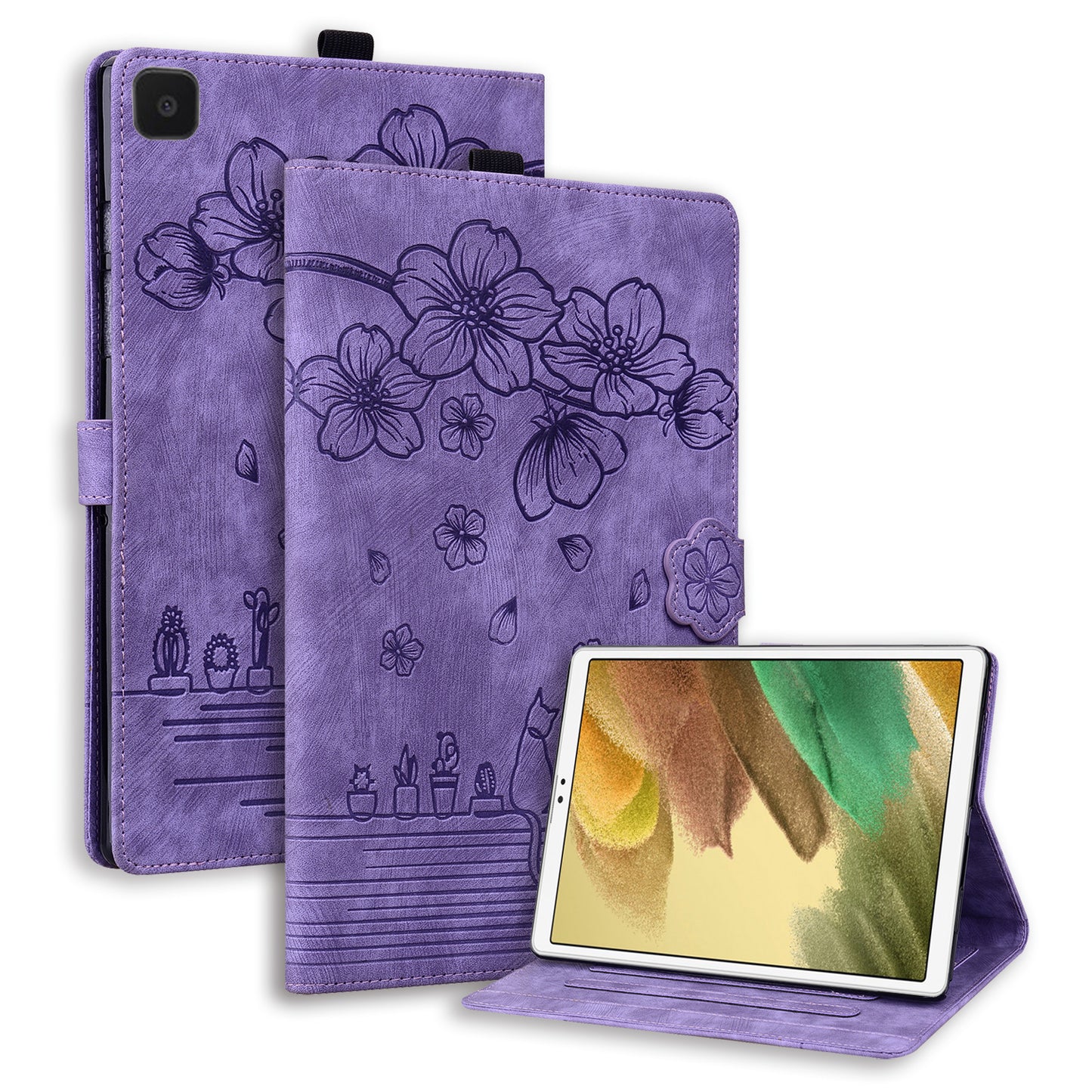 Cat Cherry Blossoms Galaxy Tab A7 Lite Grils Case Retro Leather Embossing Wallet Stand
