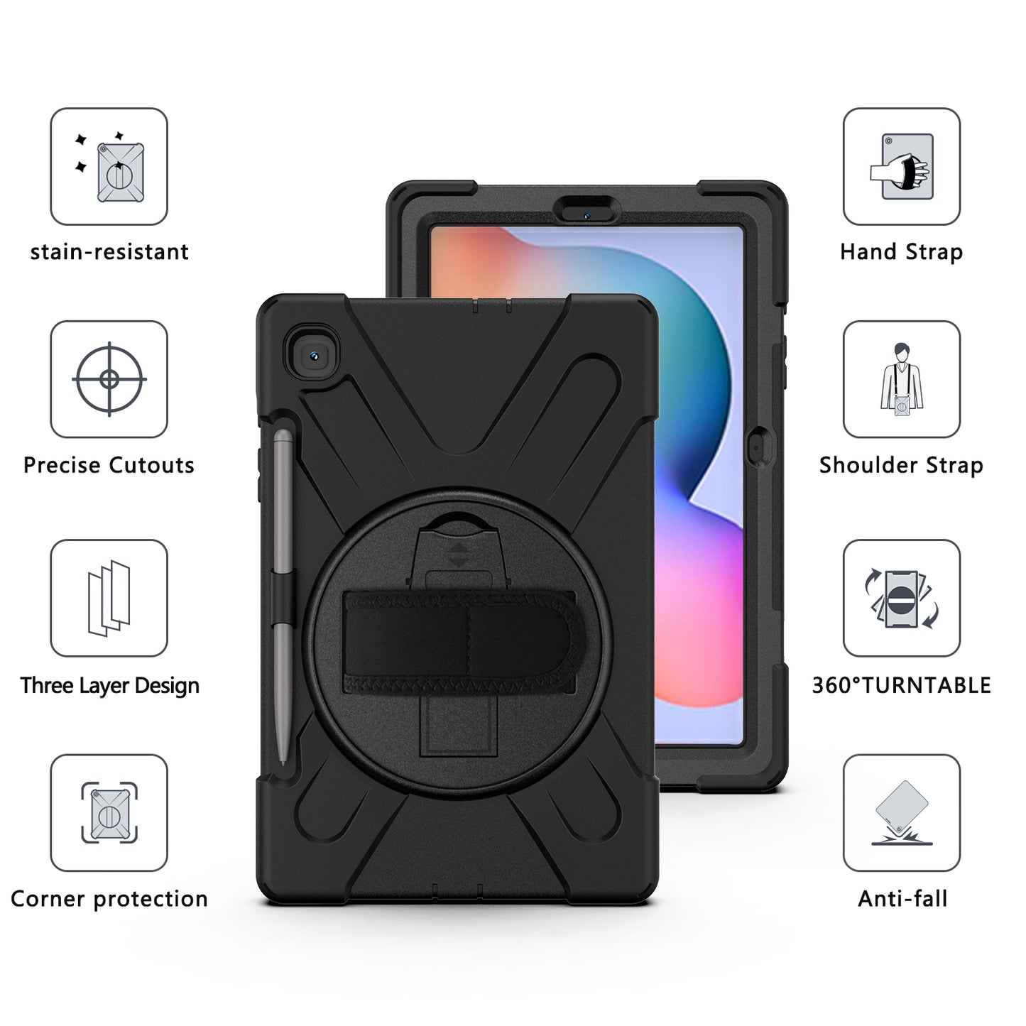 Pirate King Galaxy Tab S6 Lite Case 360 Rotating Stand with Hand Holder Shoulder Strap