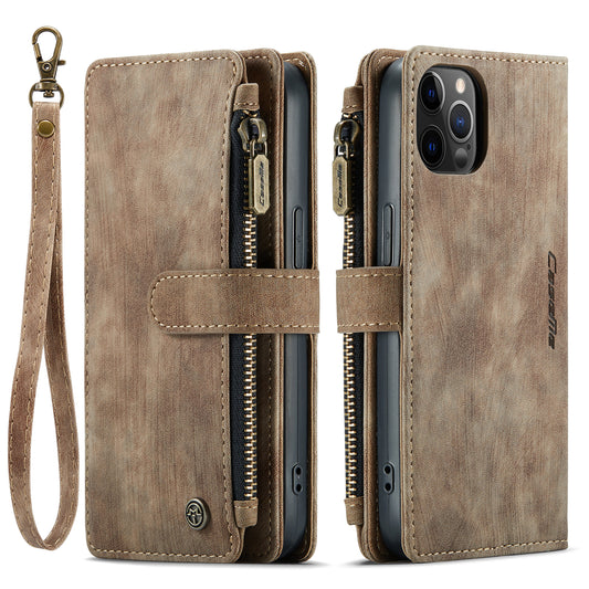 Multi-card Zipper iPhone 12 Leather Case Double Fold Stand with Hand Strap